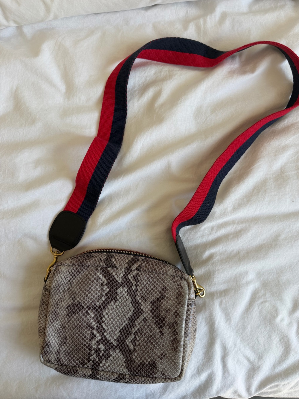 Clare V Python Print Crossbody with Red & Navy Stripe Strap
